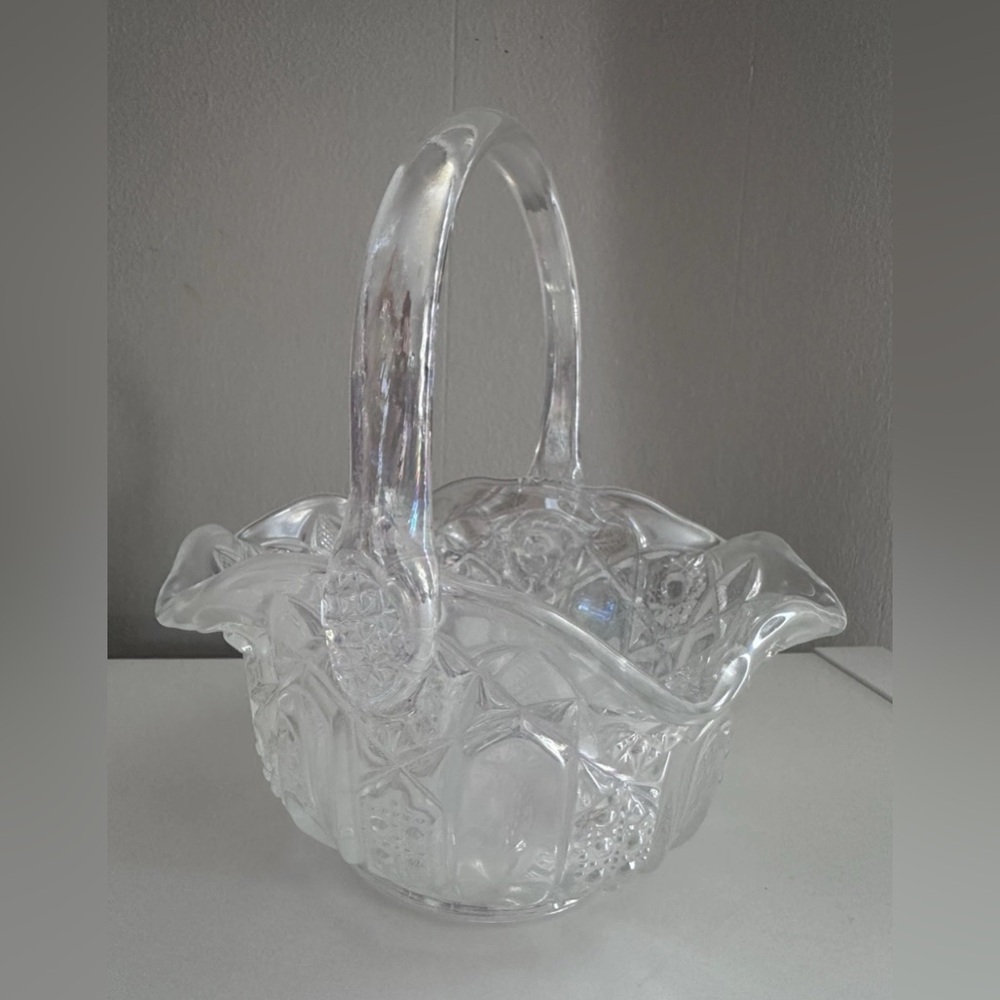 Clear Carnival Glass Basket with Handle Vintage in EXCELLENT Condition